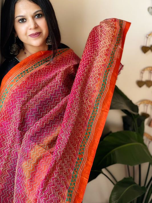 Orange, Pink Handmade Kantha Dupatta in Silk