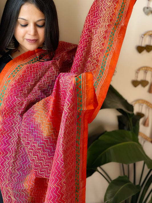 Orange, Pink Handmade Kantha Dupatta in Silk