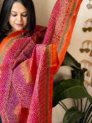 Orange, Pink Handmade Kantha Dupatta in Silk