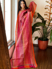 Orange, Pink Handmade Kantha Dupatta in Silk