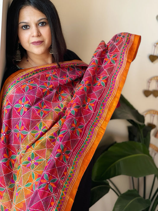 Mustard, Pink Handmade Kantha Dupatta in Silk