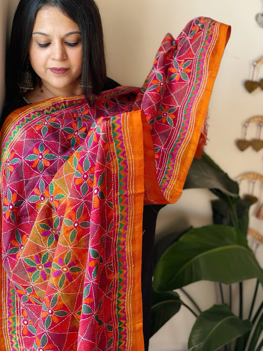 Mustard, Pink Handmade Kantha Dupatta in Silk