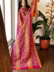 Mustard, Pink Handmade Kantha Dupatta in Silk