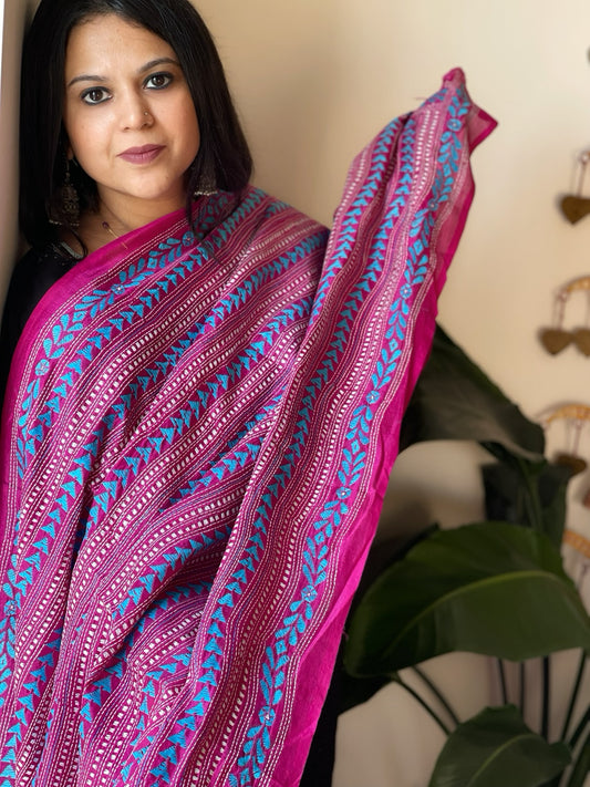 Pink Handmade Kantha Dupatta in Silk