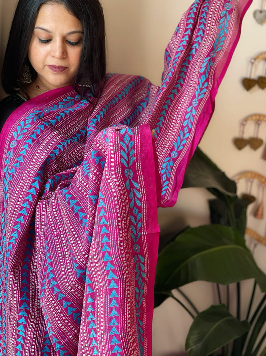 Pink Handmade Kantha Dupatta in Silk