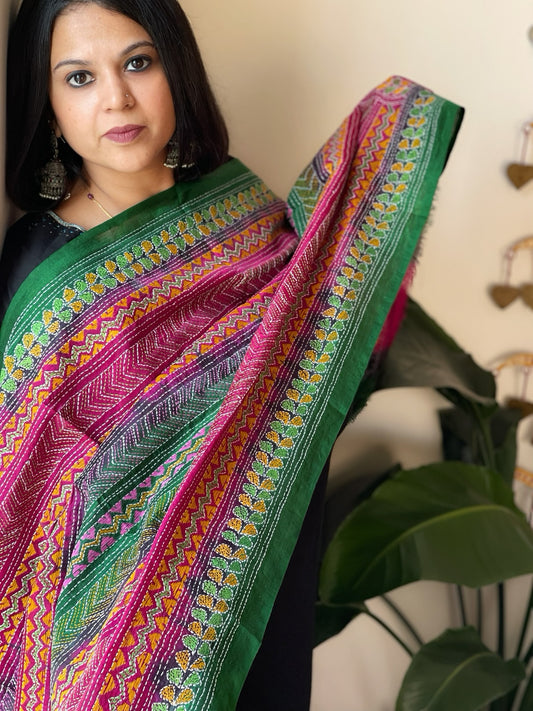 Pink, Green Handmade Kantha Dupatta in Silk