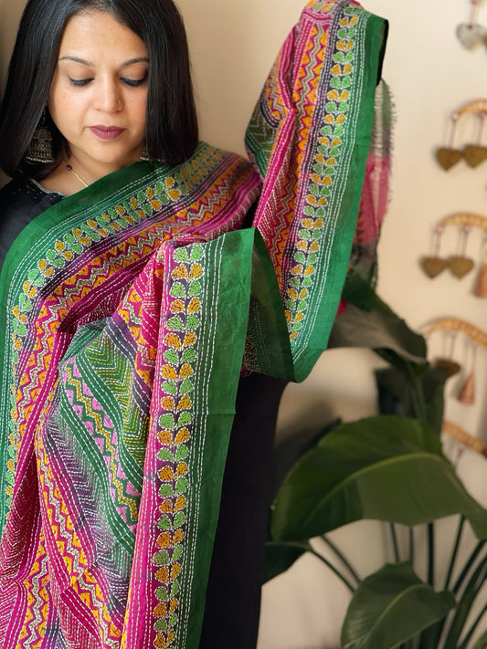 Pink, Green Handmade Kantha Dupatta in Silk