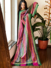 Pink, Green Handmade Kantha Dupatta in Silk