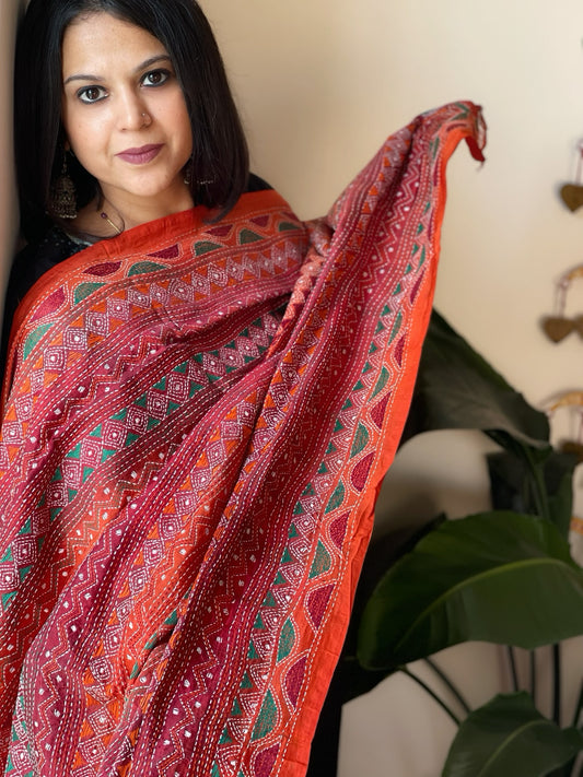 Orange, Maroon Handmade Kantha Dupatta in Silk