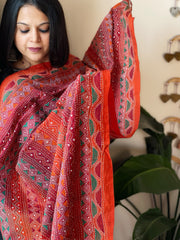 Orange, Maroon Handmade Kantha Dupatta in Silk
