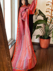 Orange, Maroon Handmade Kantha Dupatta in Silk