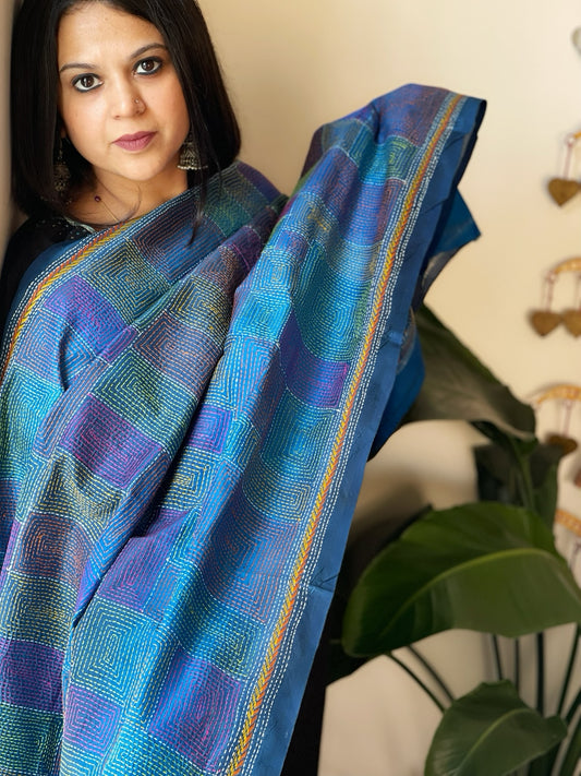 Blue Handmade Kantha Dupatta in Silk