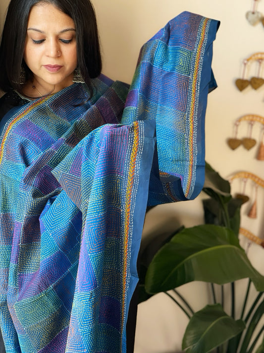 Blue Handmade Kantha Dupatta in Silk