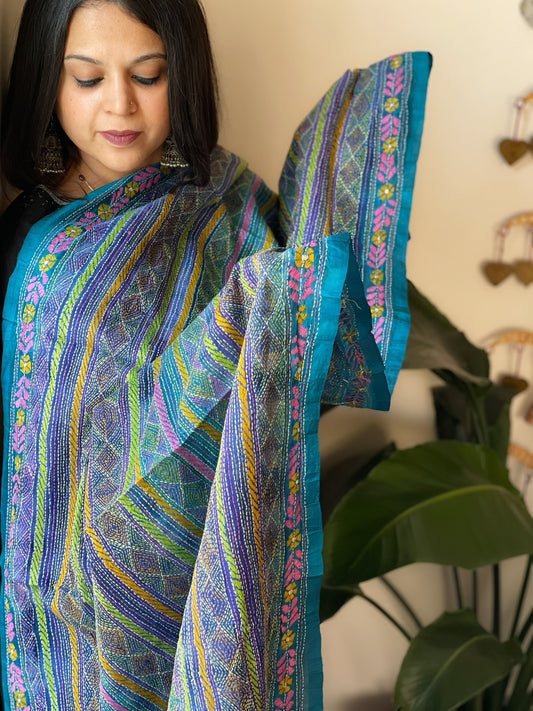 Blue Handmade Kantha Dupatta in Silk