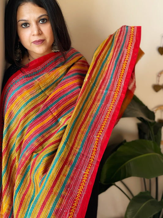 Yellow, Red Handmade Kantha Dupatta in Silk