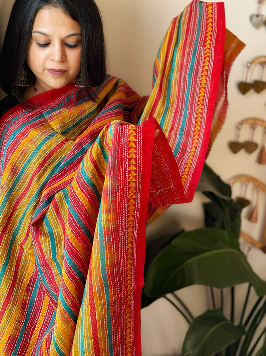 Yellow, Red Handmade Kantha Dupatta in Silk