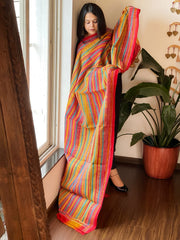 Yellow, Red Handmade Kantha Dupatta in Silk