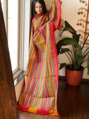 Yellow, Red Handmade Kantha Dupatta in Silk
