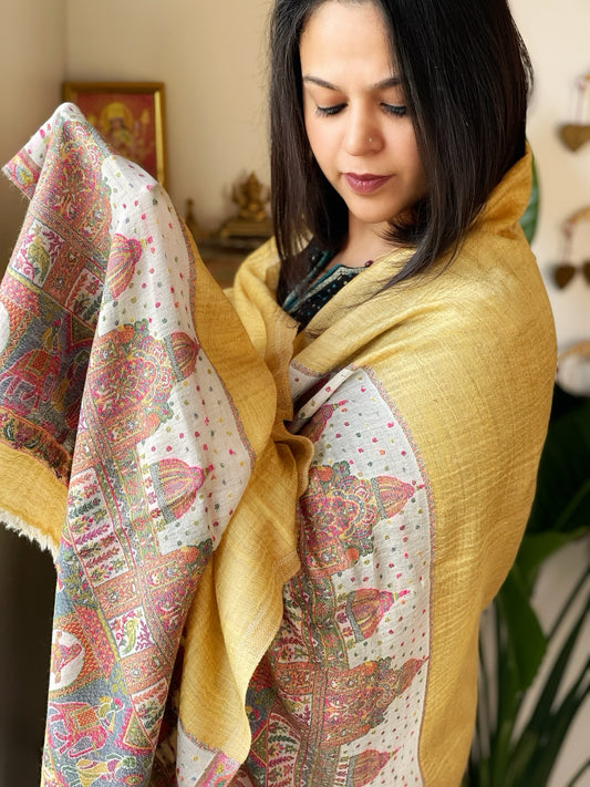 Mustard Yellow Pashmina Stole with Shehnai Baraat Kaani Pallu