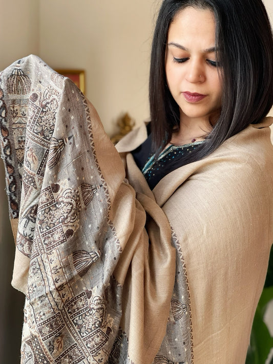 Lite Brown Pashmina Stole with Shehnai Baraat Kaani Pallu