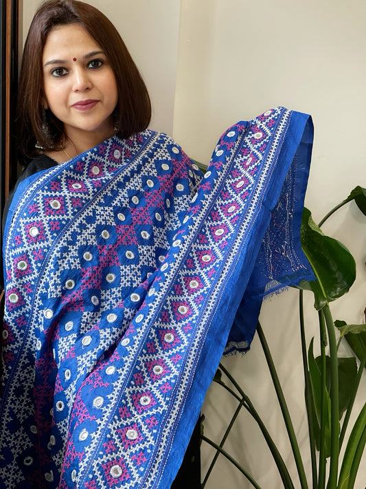 Blue Handmade Sindhi Kadhai with Real Mirror Handwork Dupatta in Pure Silk