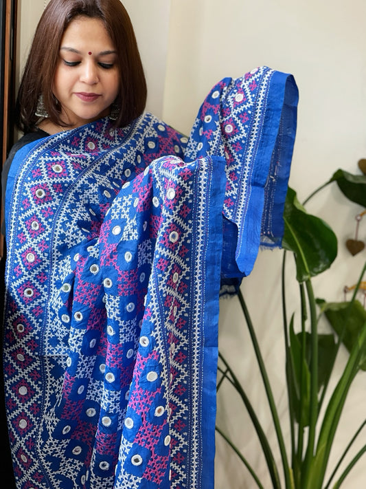 Blue Handmade Sindhi Kadhai with Real Mirror Handwork Dupatta in Pure Silk