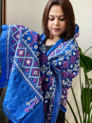 Blue Handmade Sindhi Kadhai with Real Mirror Handwork Dupatta in Pure Silk