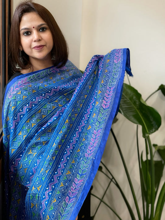 Blue Handmade Kantha Dupatta in Silk
