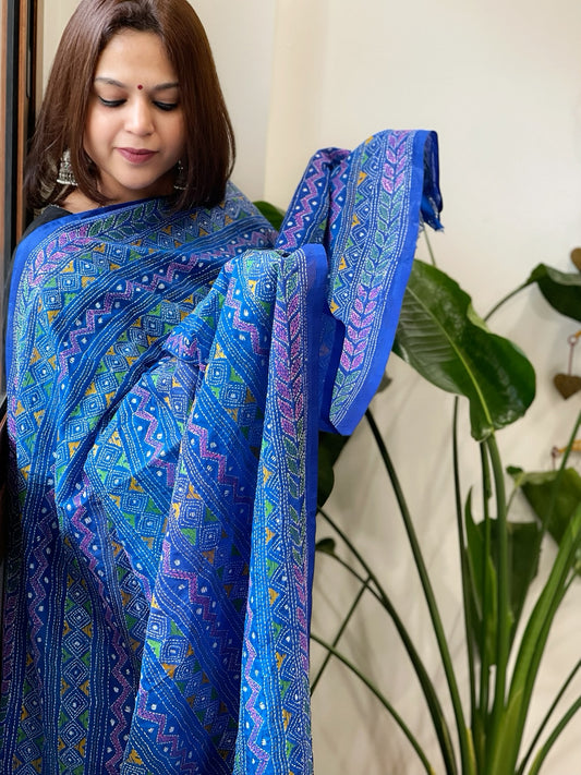 Blue Handmade Kantha Dupatta in Silk