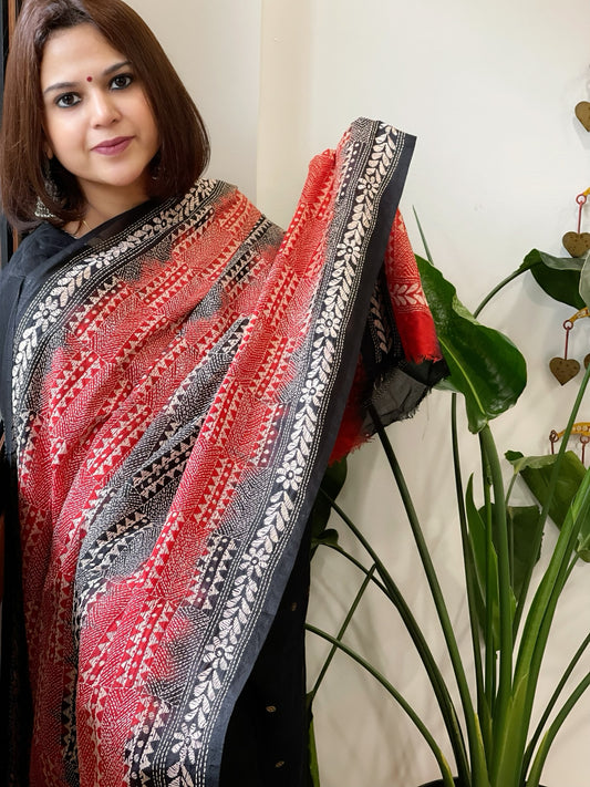 Red and Black Handmade Kantha Dupatta in Silk