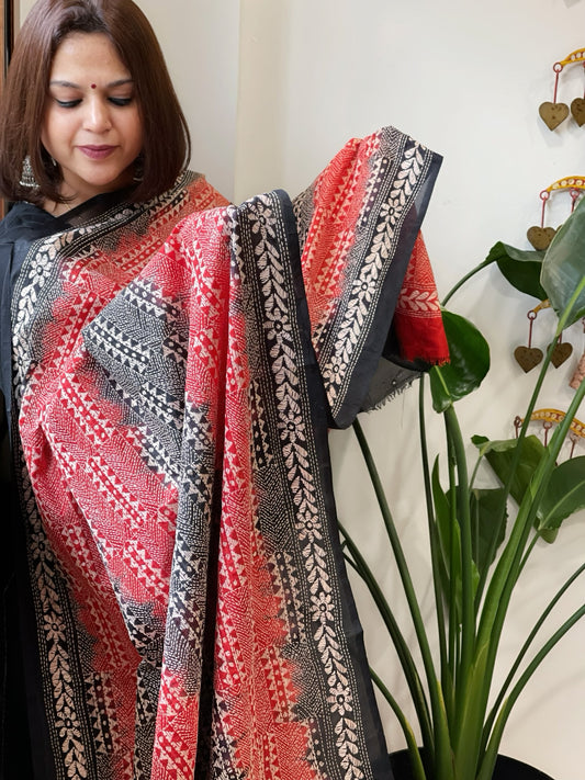 Red and Black Handmade Kantha Dupatta in Silk