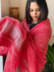 Peachish Pink Handwoven Woollen Shawl with Mirror Handwork and Zari Pallu