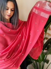 Peachish Pink Handwoven Woollen Shawl with Mirror Handwork and Zari Pallu