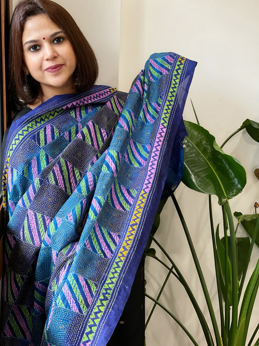 Blue Handmade Kantha Dupatta in Silk