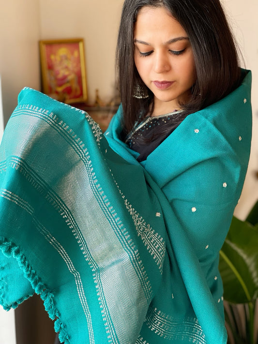 Turquoise Handwoven Woollen Shawl with Mirror Handwork and Zari Pallu