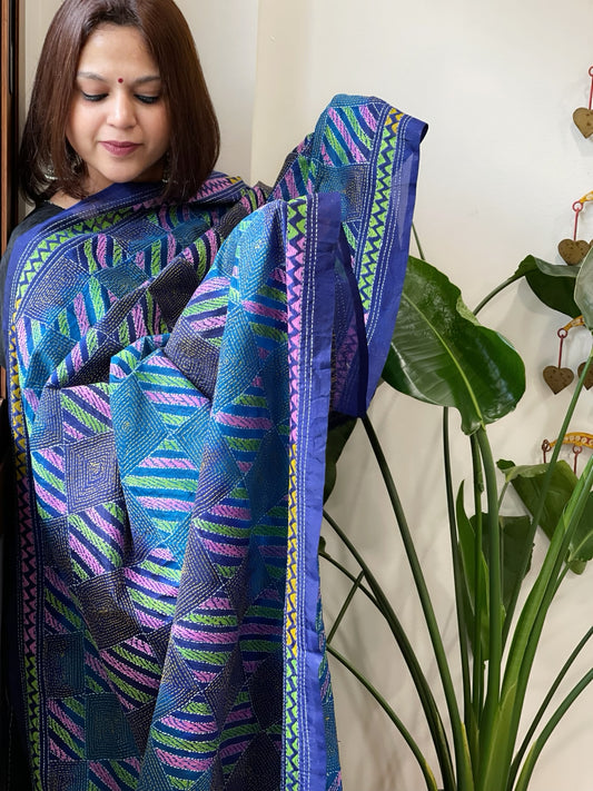 Blue Handmade Kantha Dupatta in Silk