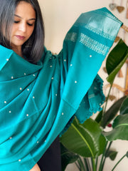 Turquoise Handwoven Woollen Shawl with Mirror Handwork and Zari Pallu