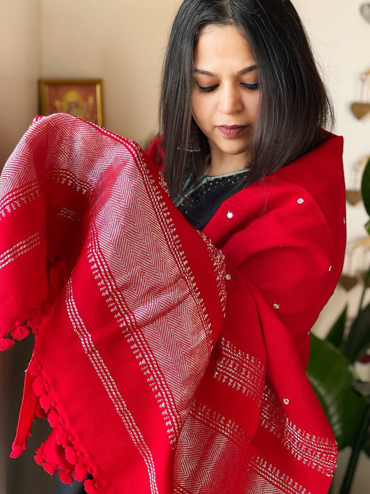 Red Handwoven Woollen Shawl with Mirror Handwork and Zari Pallu