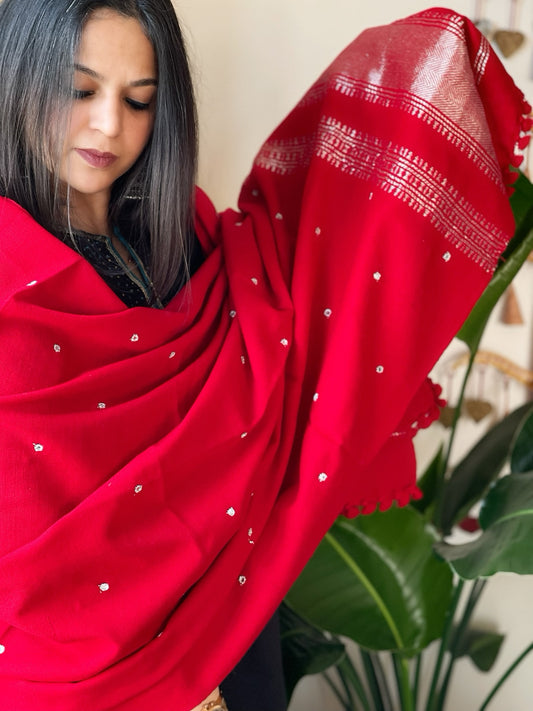 Red Handwoven Woollen Shawl with Mirror Handwork and Zari Pallu