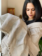 Grey Handwoven Woollen Shawl with Mirror Handwork and Zari Pallu