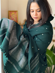 Green Handwoven Woollen Shawl with Mirror Handwork and Zari Pallu