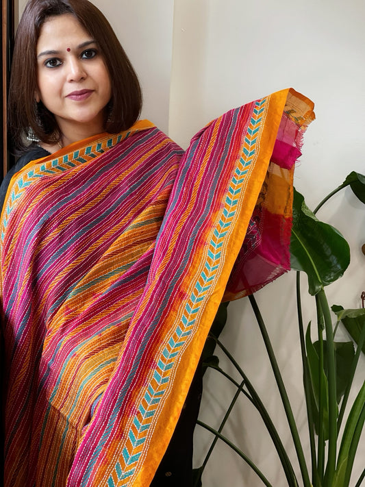 Pink and Mustard Yellow Handmade Kantha Dupatta in Silk