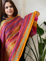 Pink and Mustard Yellow Handmade Kantha Dupatta in Silk