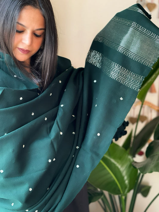 Green Handwoven Woollen Shawl with Mirror Handwork and Zari Pallu