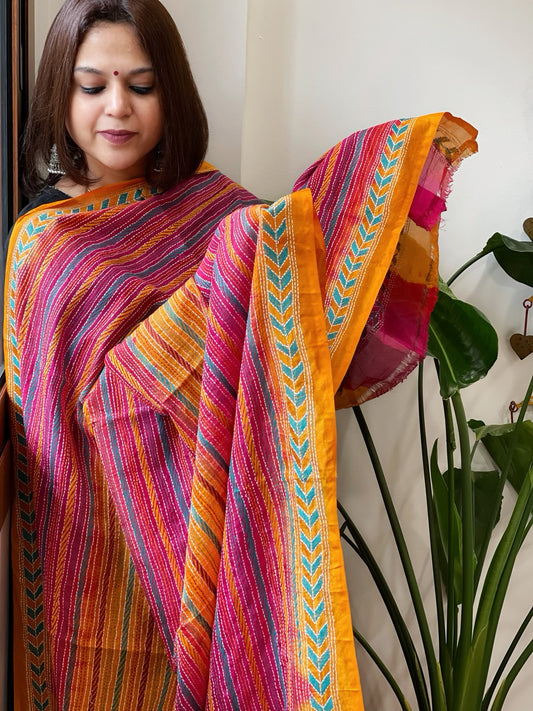 Pink and Mustard Yellow Handmade Kantha Dupatta in Silk