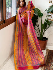 Pink and Mustard Yellow Handmade Kantha Dupatta in Silk