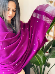 Purplish Pink Handwoven Woollen Shawl with Mirror Handwork and Zari Pallu