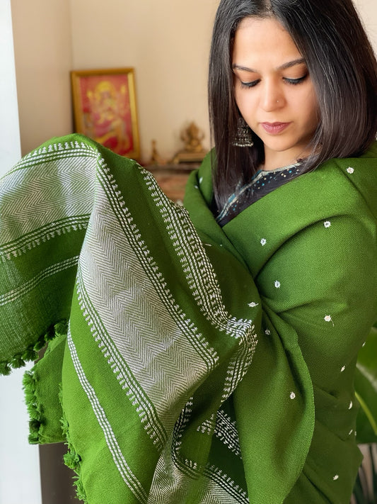 Green Handwoven Woollen Shawl with Mirror Handwork and Zari Pallu