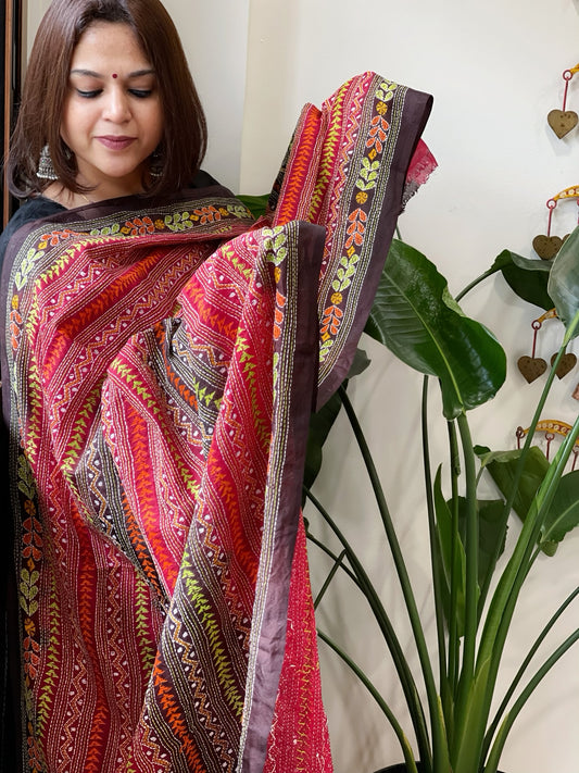 Red and Cola Brown Handmade Kantha Dupatta in Silk