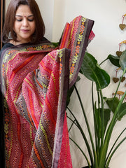 Red and Cola Brown Handmade Kantha Dupatta in Silk